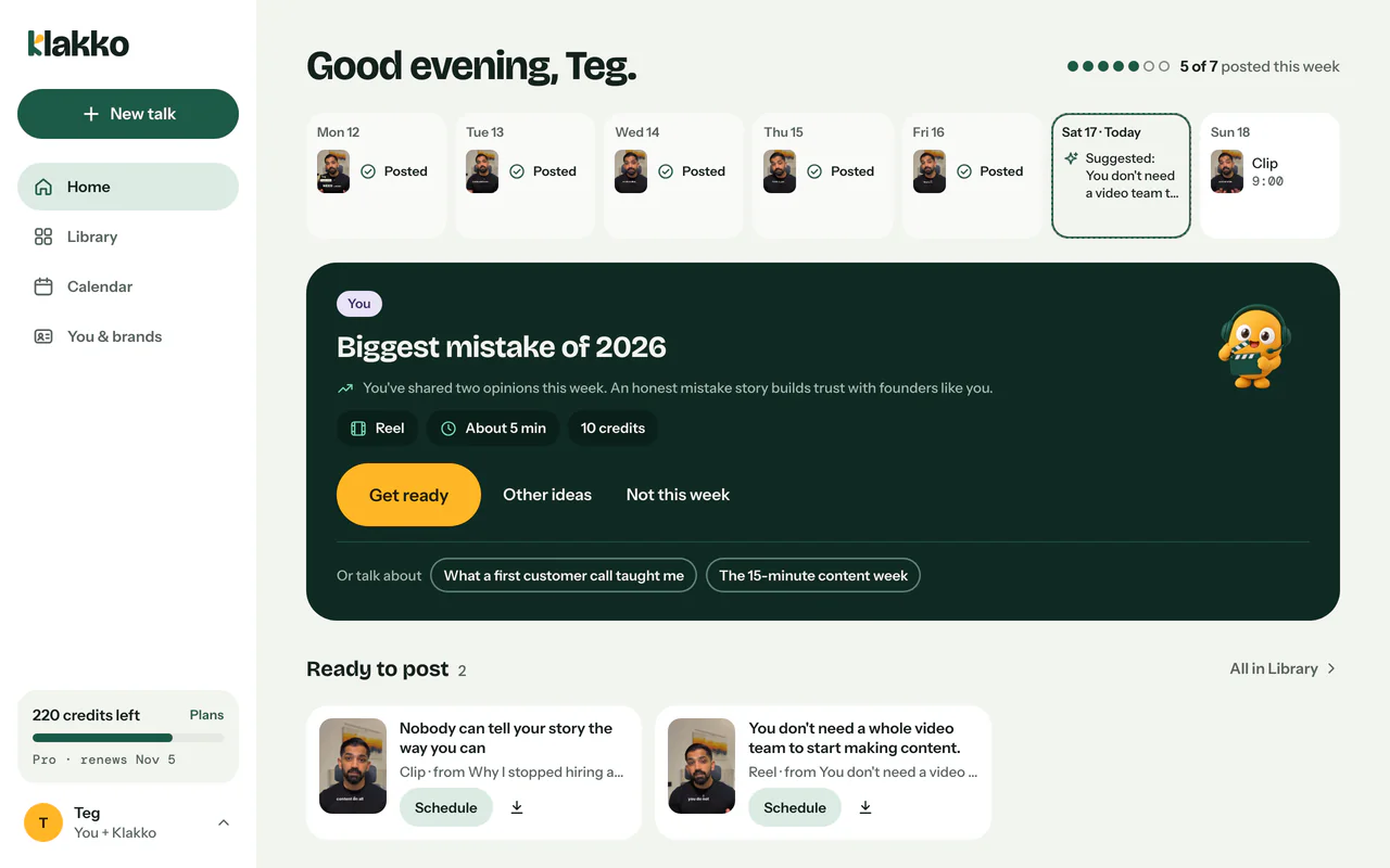 Klakko’s Home: this week as a strip of days, posted and planned, and the next talk to record.